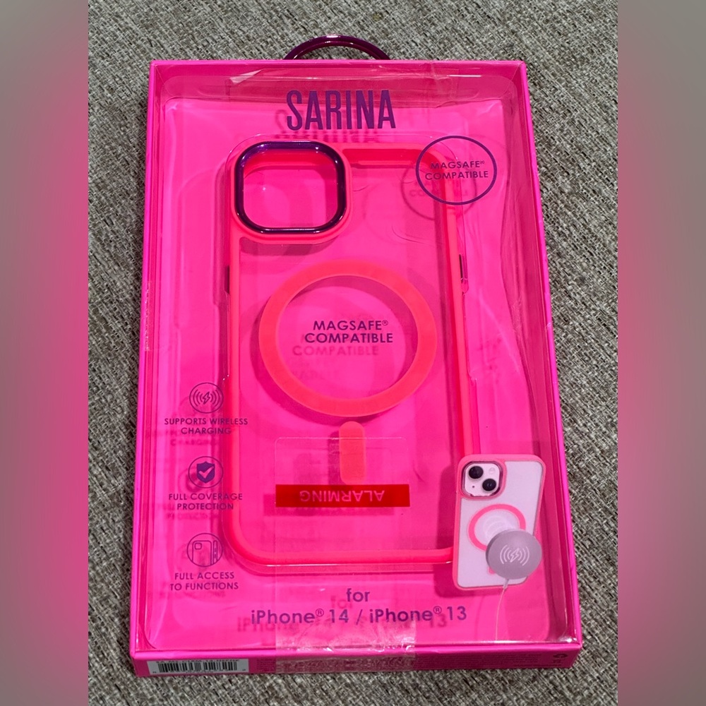 NIB Hot Neon Pink IPhone 13 or 14 phone clear case w/ MagSafe